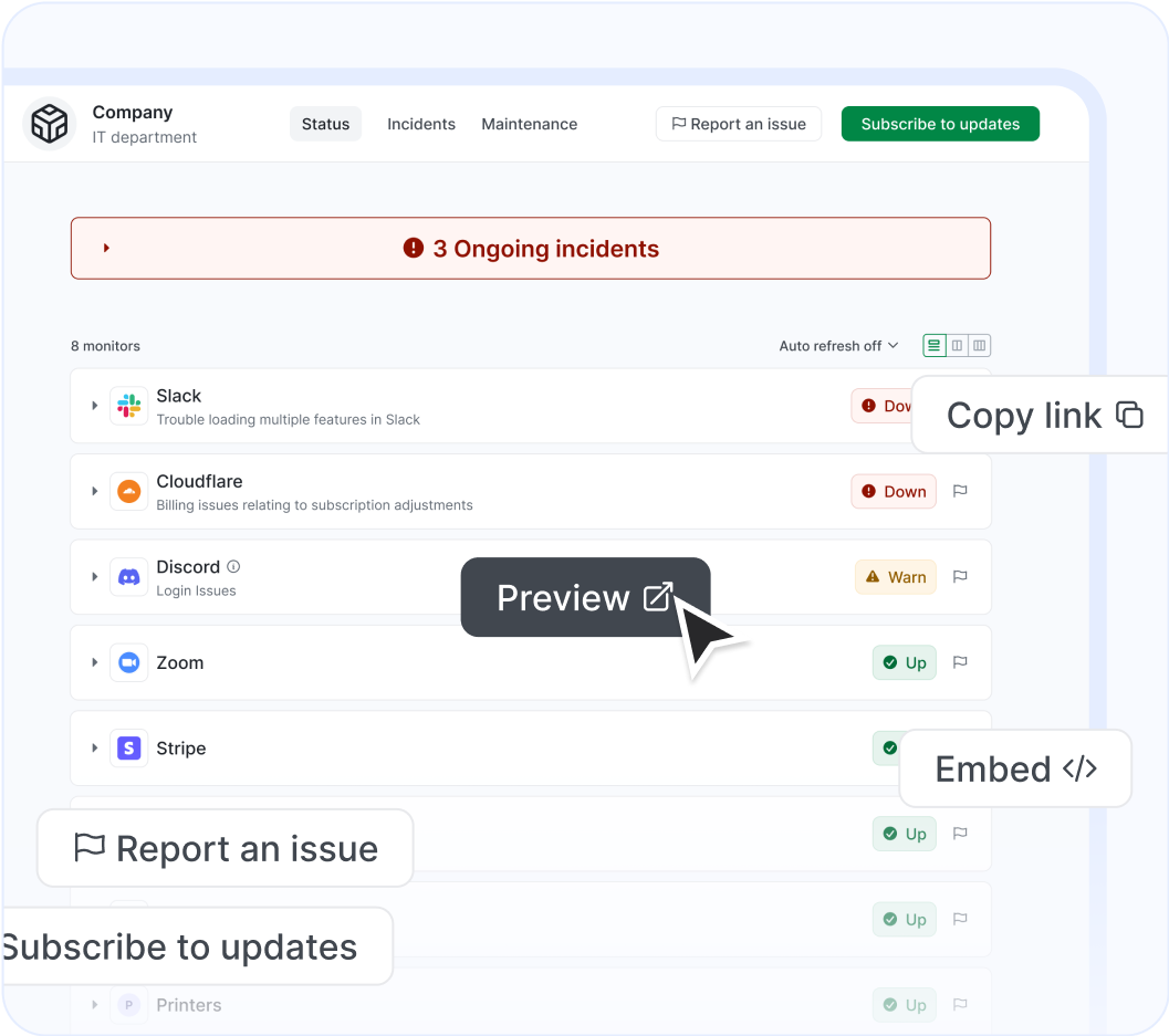 StatusGator's status page preview
